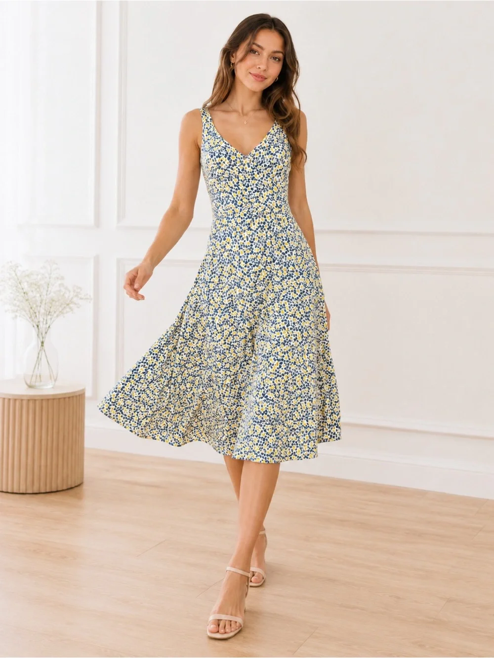 Boden Women Fit Flare Dress US 2R White Blue Yellow Dot Print Sleeveless - Picture 2 of 11